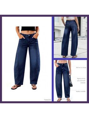 Wide Leg Barrel Jeans Mid-Low Rise Stretch Denim Pants